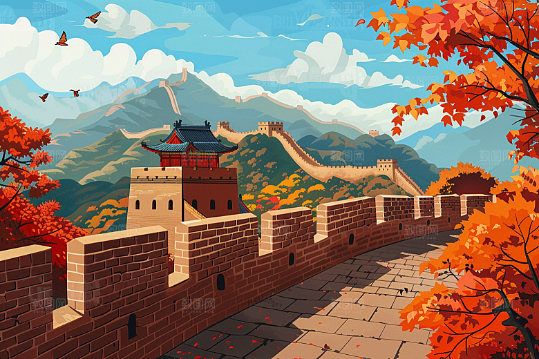 创意长城景点风景艺术插画