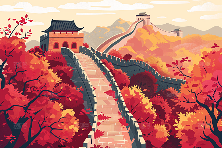创意长城中国风景点艺术插画