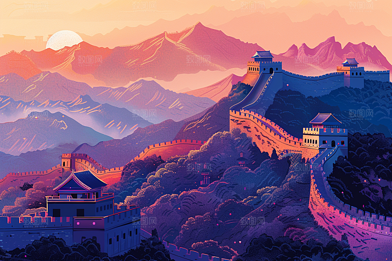 创意长城中式版画艺术插画