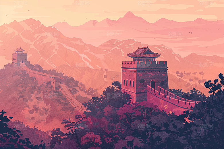 创意长城景点中国风艺术插画