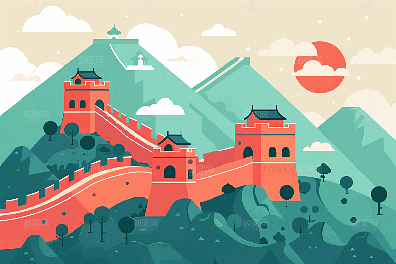 创意长城风光版画艺术插画