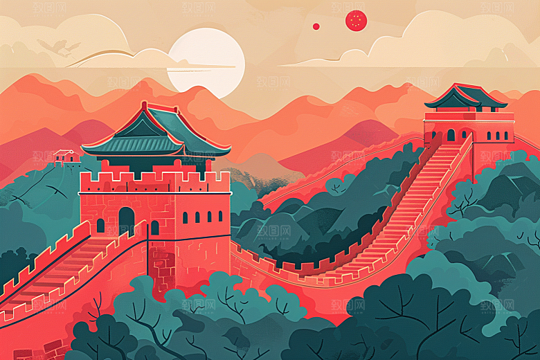 创意长城传统中式艺术插画