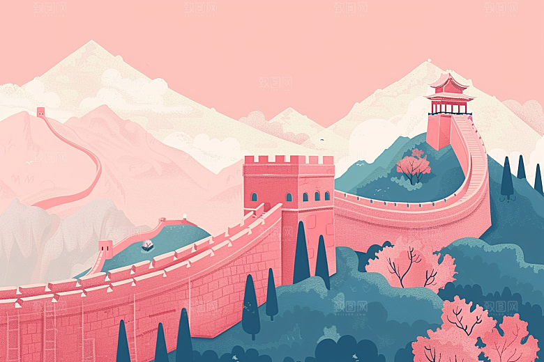 创意长城高清版画艺术插画