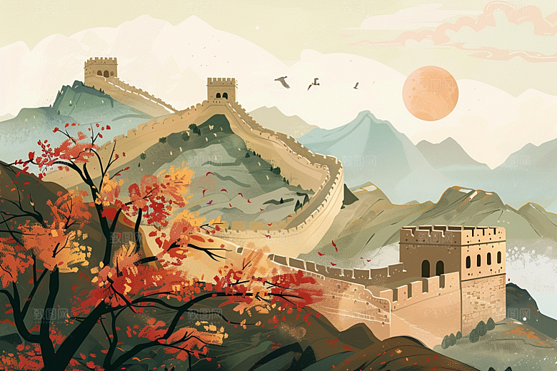 创意长城版画涂鸦风艺术插画
