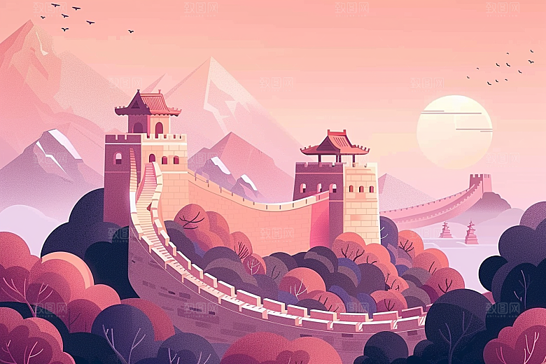 创意长城传统景点艺术插画
