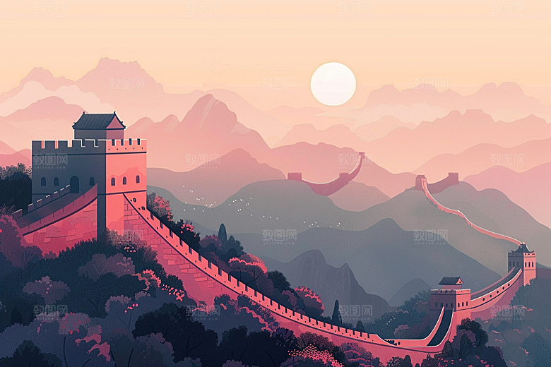 创意长城壮阔版画艺术插画