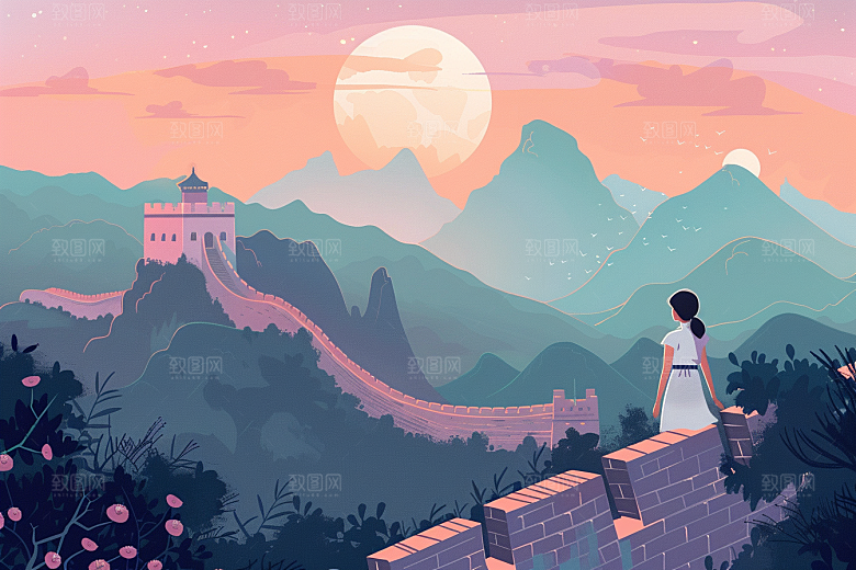 创意长城风光景点艺术插画