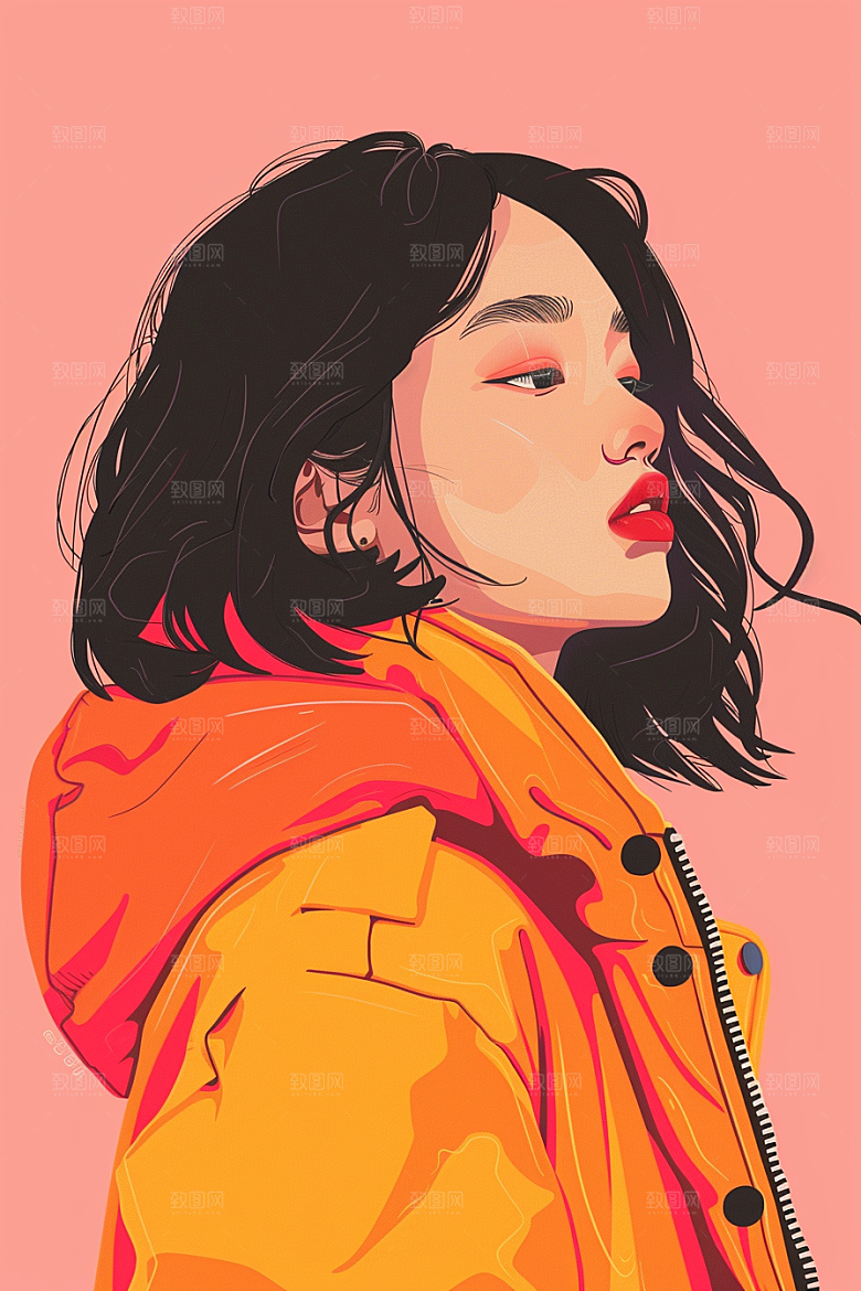时尚涂鸦人物暖色调鲜明插画