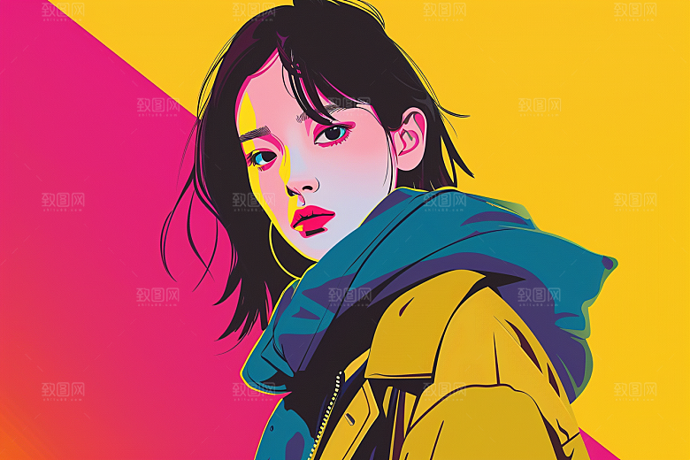 时尚涂鸦人物平面鲜明插画