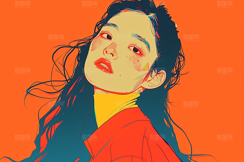 时尚涂鸦人物暖色调对比色插画