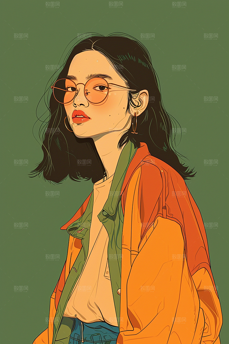 时尚涂鸦人物平面鲜明插画