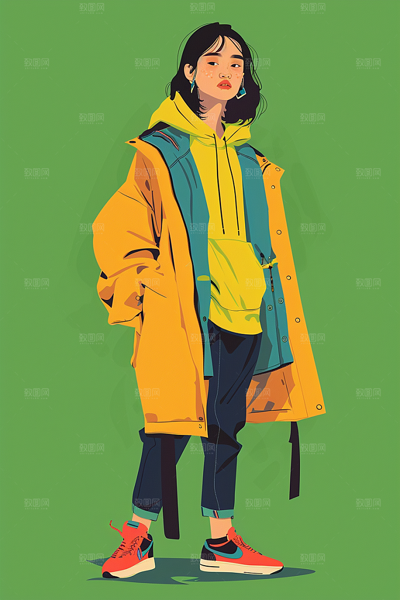 时尚涂鸦人物撞色鲜明插画