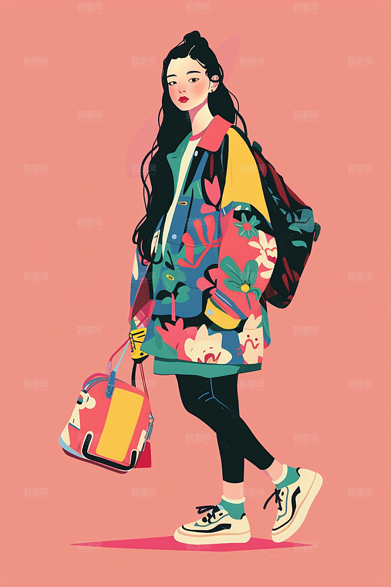 时尚涂鸦人物鲜明对比色插画