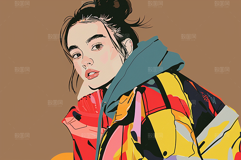 时尚涂鸦人物韩流暖色调插画