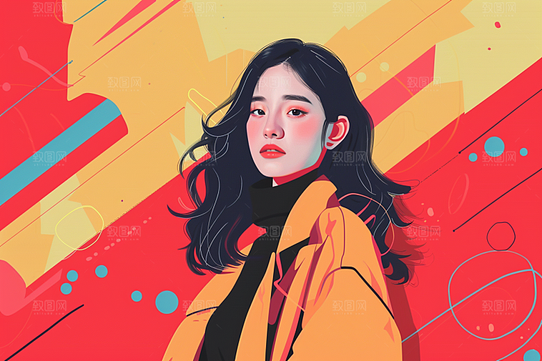时尚涂鸦人物撞色橙色插画