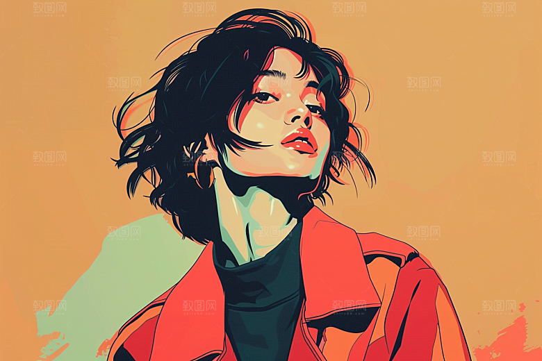 时尚涂鸦人物橙色撞色插画