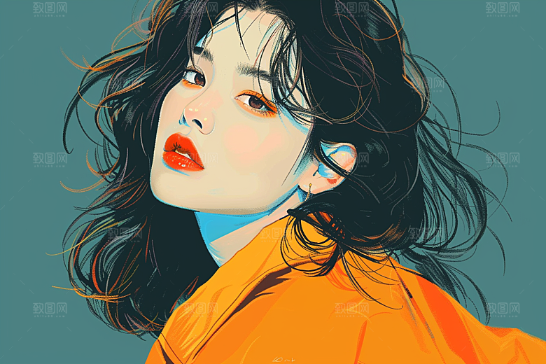 时尚涂鸦人物韩流对比色插画
