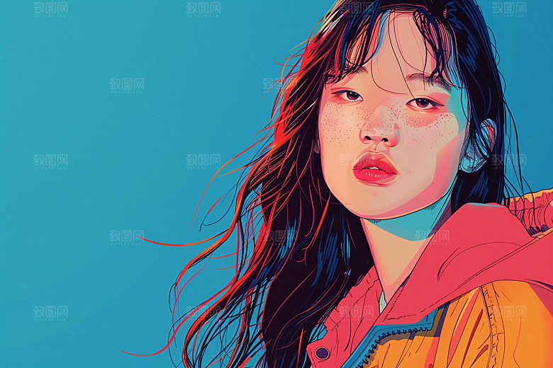 时尚涂鸦人物韩流暖色调插画