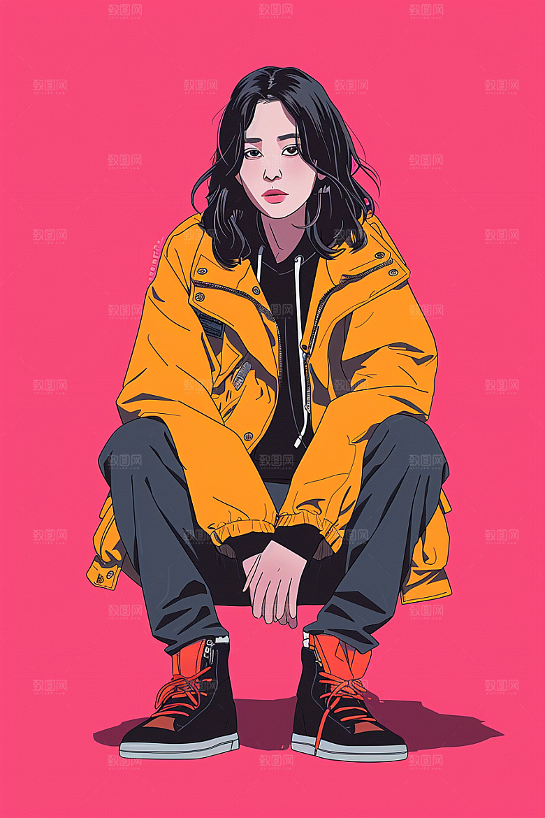 时尚涂鸦人物橙色暖色调插画