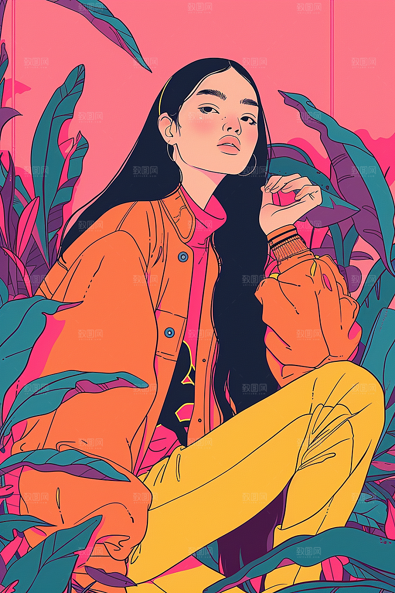 时尚涂鸦人物橙色韩流插画