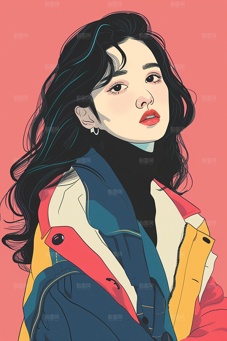 时尚涂鸦人物韩流撞色插画