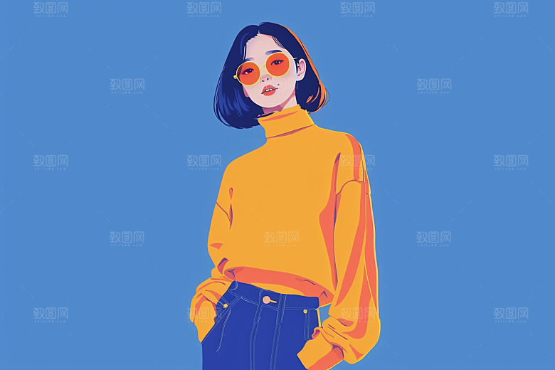 时尚涂鸦人物韩流对比色插画
