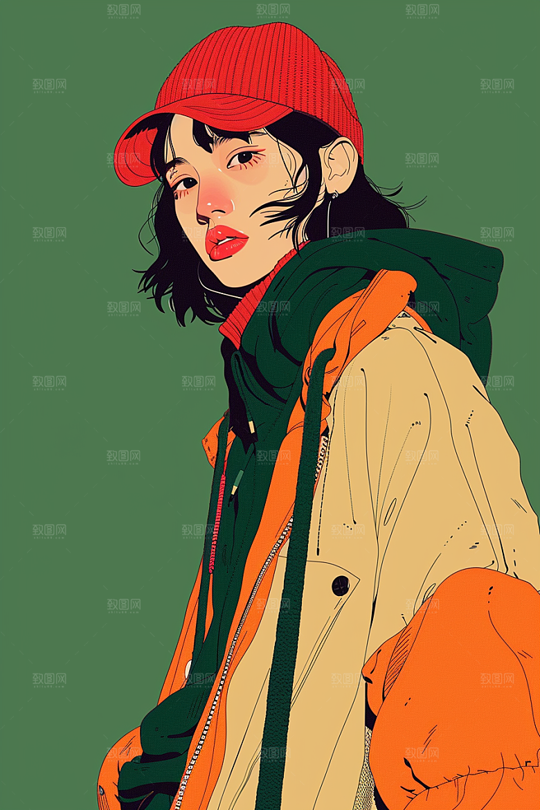 时尚涂鸦人物橙色韩流插画