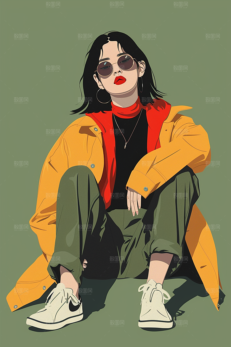 时尚涂鸦人物鲜明对比色插画