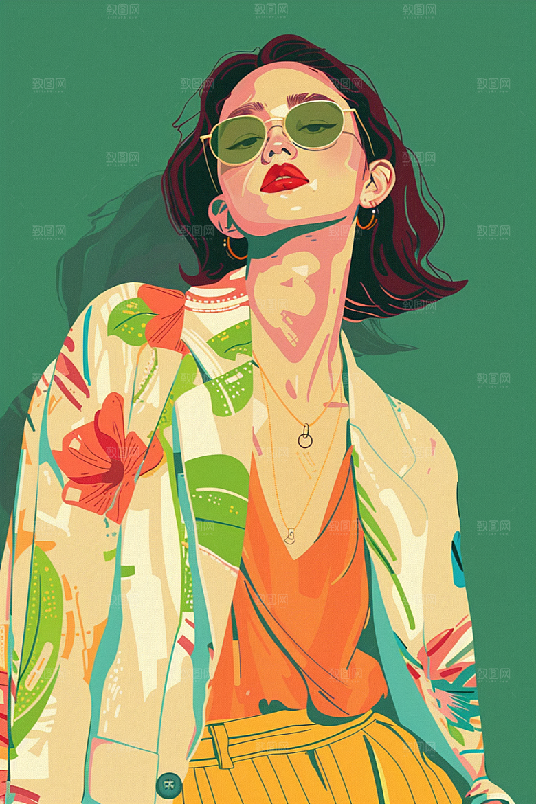 时尚涂鸦人物平面撞色插画