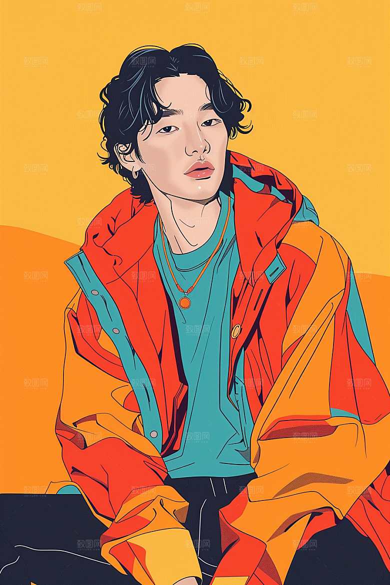 时尚涂鸦人物暖色调扁平风插画