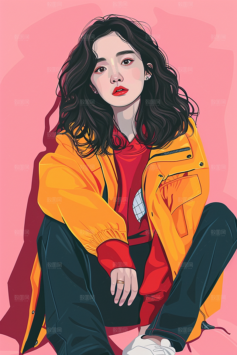 时尚涂鸦人物橙色暖色调插画