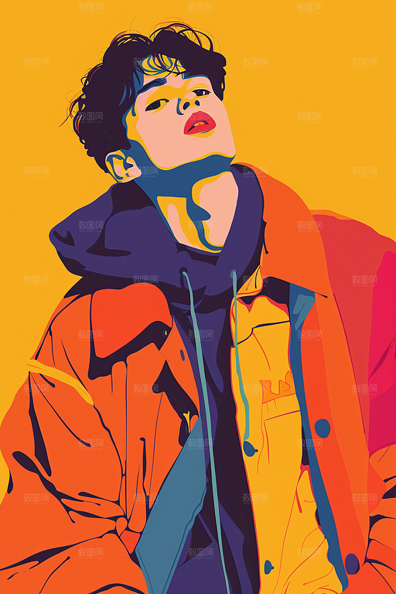 时尚涂鸦人物对比色撞色插画