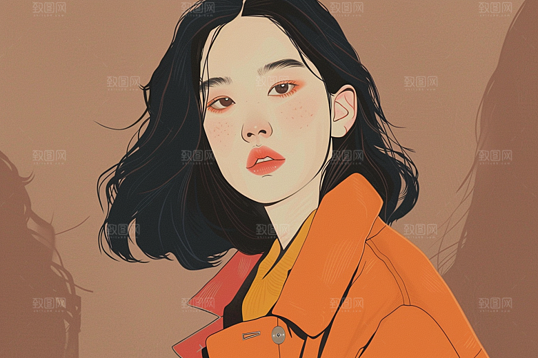 时尚涂鸦人物橙色撞色插画