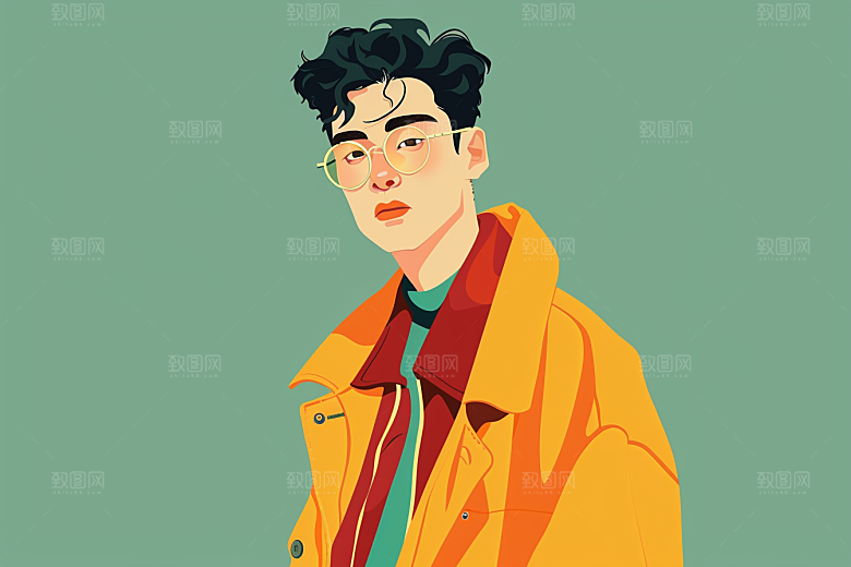 时尚涂鸦人物韩流橙色插画