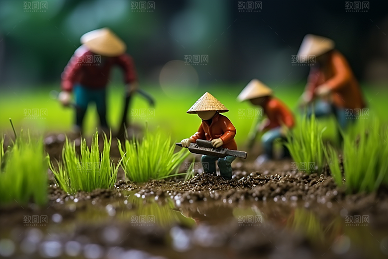 春耕微距小人农耕春季摄影图