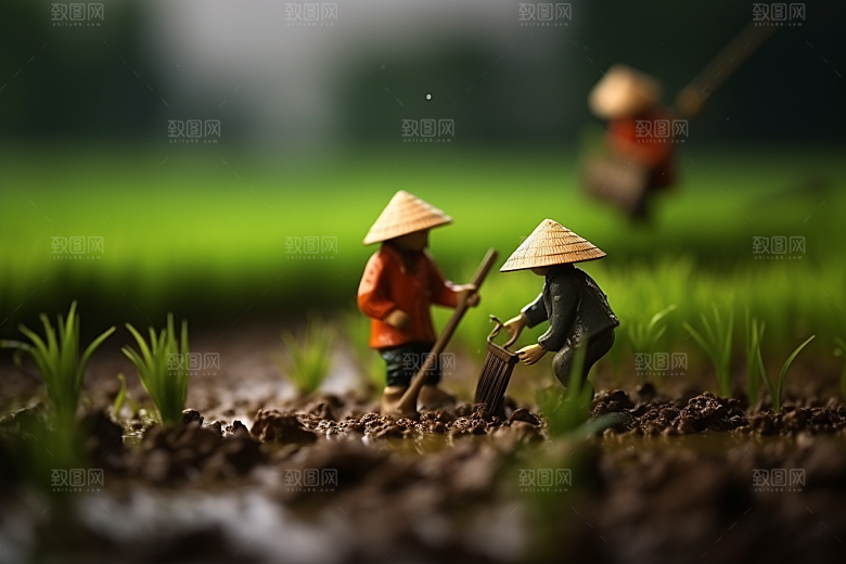 春耕微距小人种田粮食摄影图