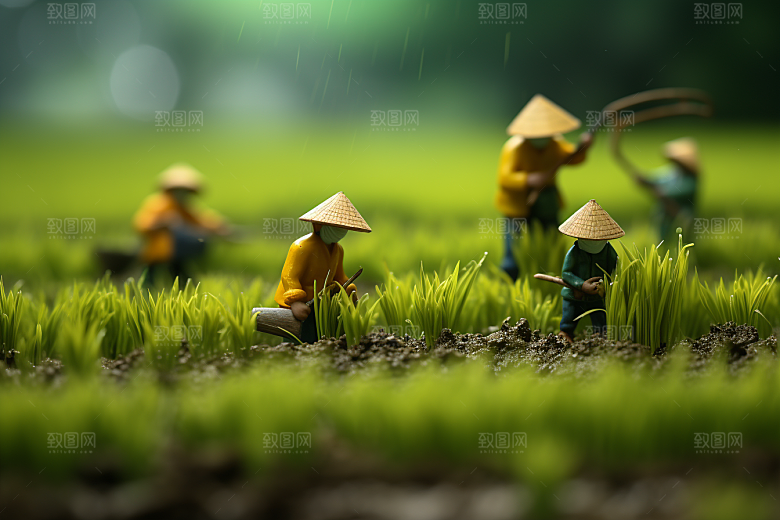 春耕微距小人种田粮食摄影图