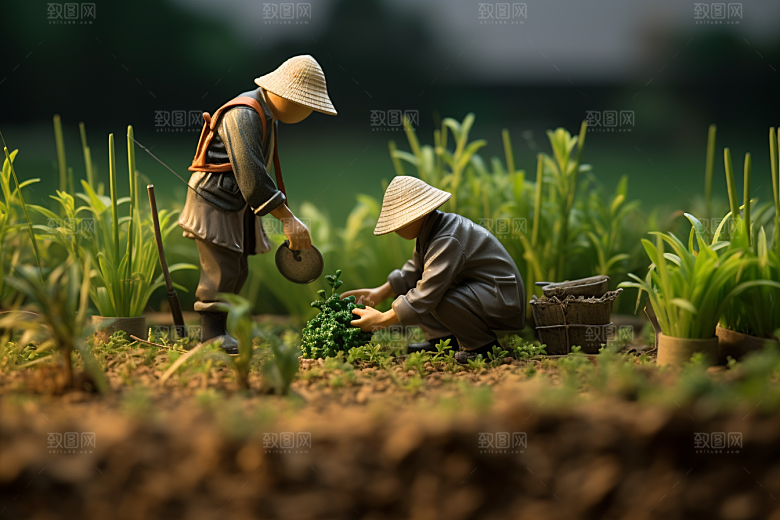 春耕微距小人农民春季摄影图