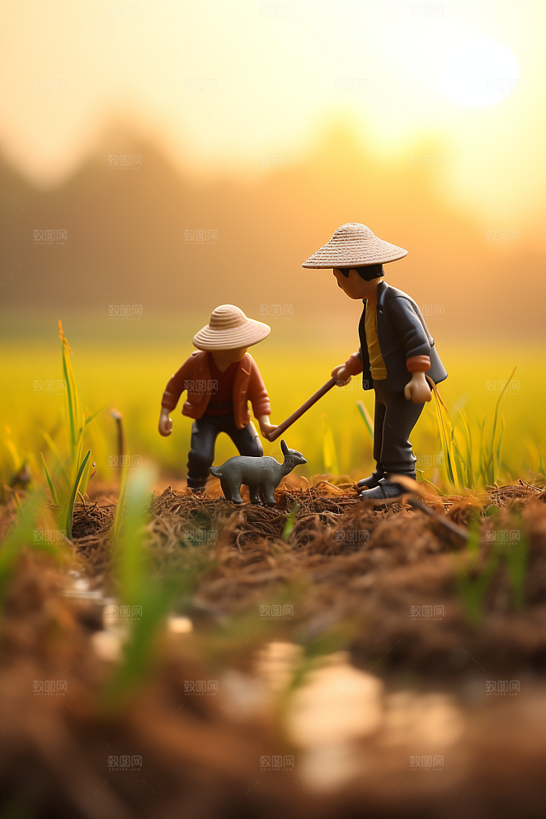 春耕微距小人耕种创意摄影图