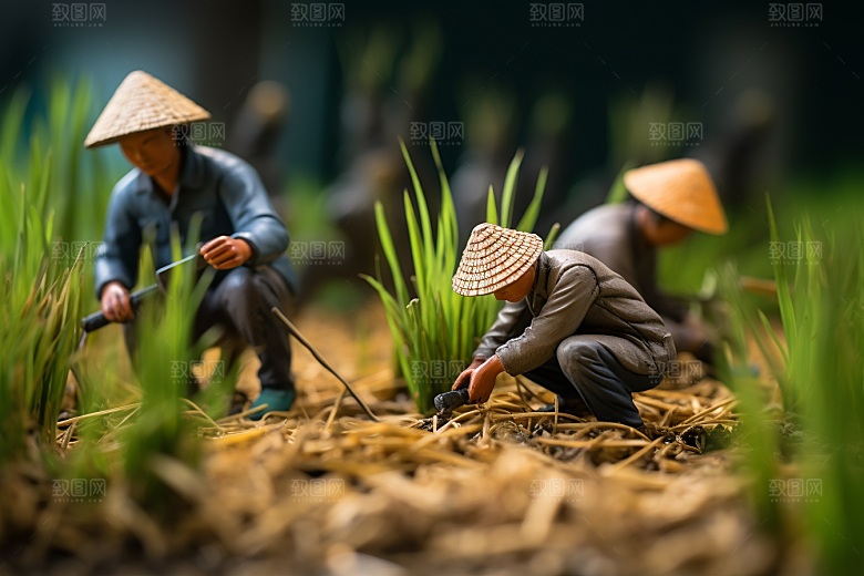 春耕微距小人农民粮食摄影图