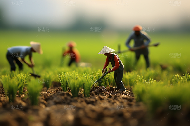 春耕微距小人耕种播种摄影图