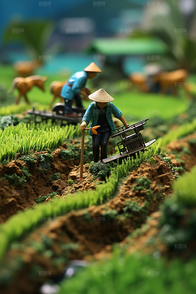 春耕微距小人农耕春季摄影图