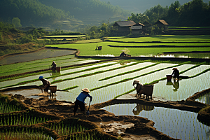 春耕种地水稻农民摄影图