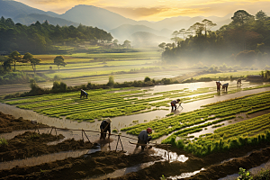 春耕种地插秧水稻摄影图