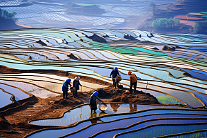 春耕种地水稻田园摄影图