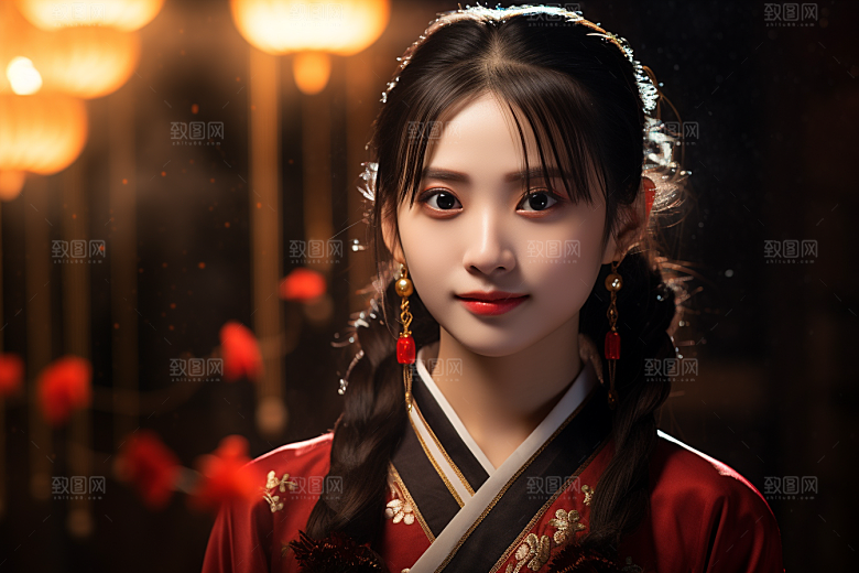 春节汉服女孩红色喜庆CG