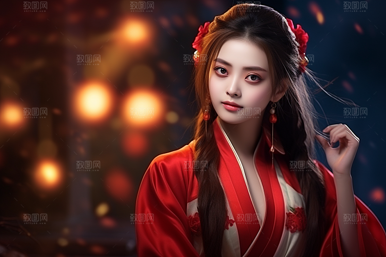 春节汉服女孩高清红色CG