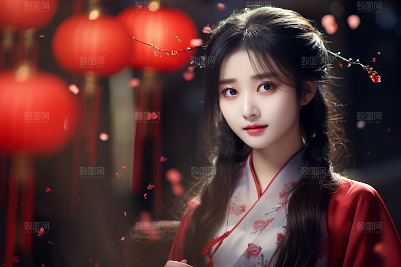春节汉服女孩喜庆红色CG