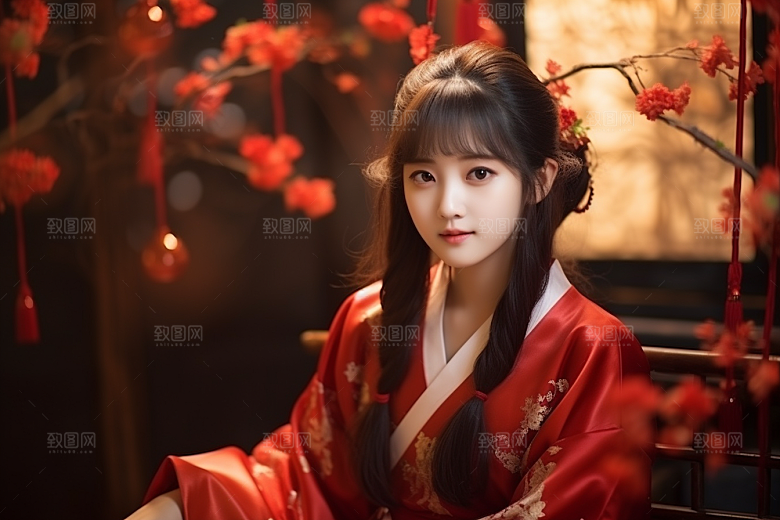 春节汉服女孩红色喜庆CG