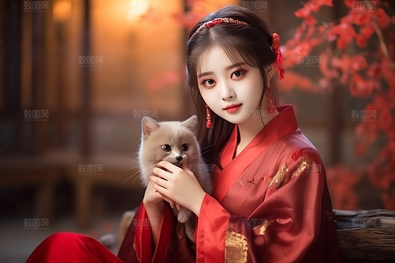 春节汉服女孩中国风红色CG